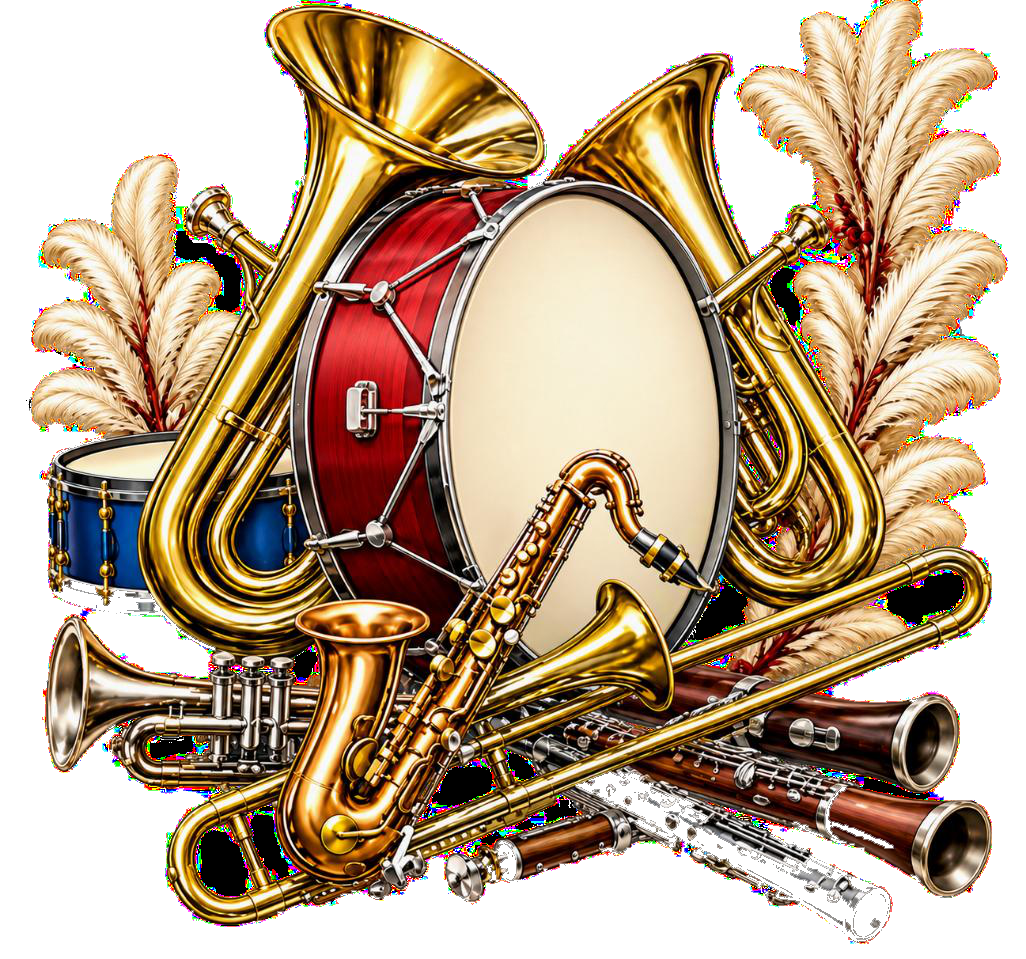 Brass, woodwind and percussion instruments representing SASBA school bands
